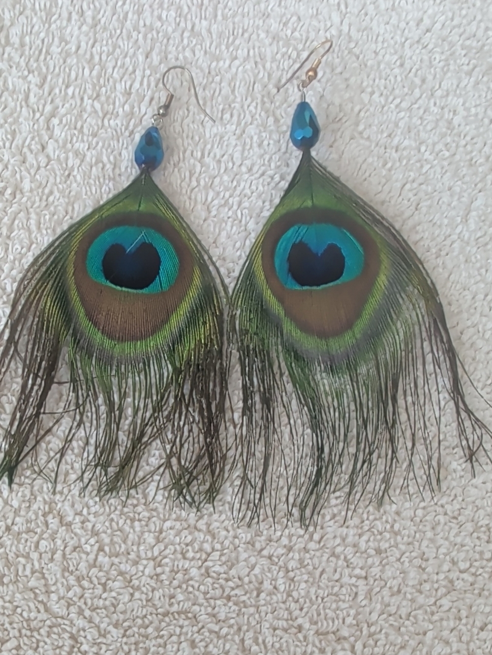 Peacock Feather Drop Earrings - Green & Blue